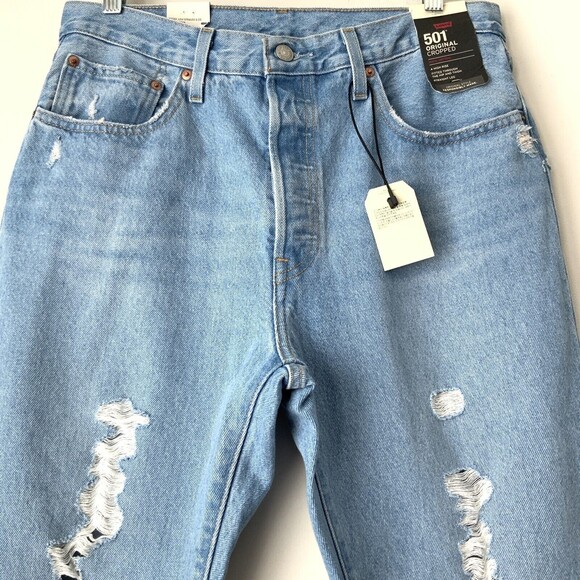 Levi’s Premium 501 Straight Leg Crop Button Fly Distressed Jeans Blue 31 - Picture 9 of 13